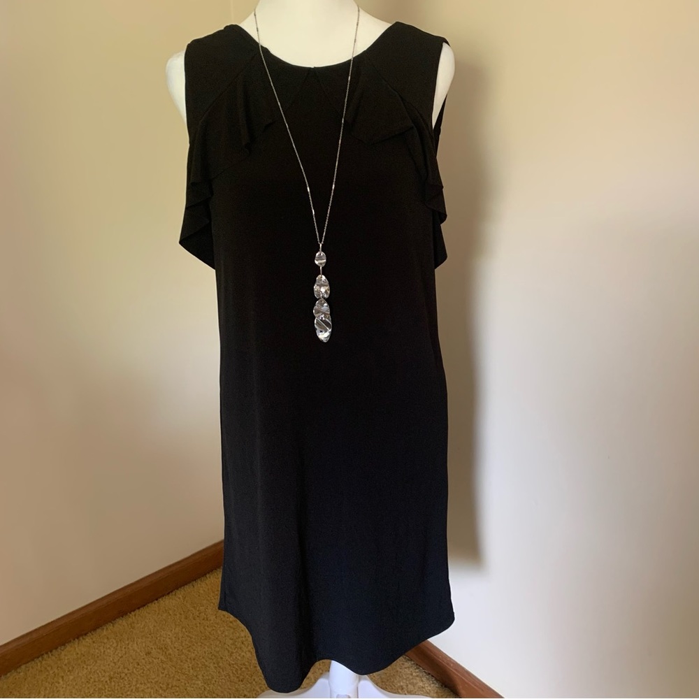 Anthropologie Velvet by Graham and Spencer Black Midi Dress w/Ruffle Detail Med
